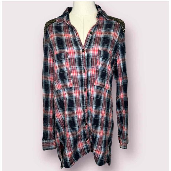 Free People Plaid Shirt Small Sequin Embellished Bohemian Western Mixed Media - Picture 2 of 14